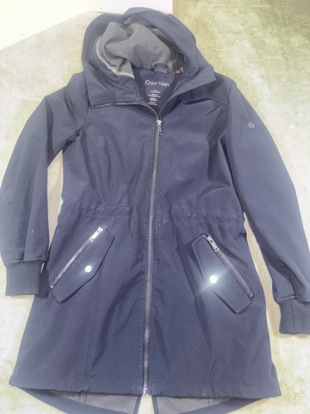 Calvin Klein Navy Blue Hooded Mid-Length Softshell Utility Jacket Parka XS
